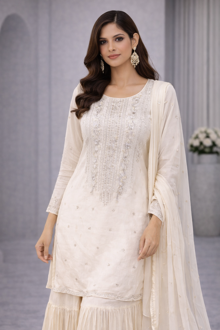Off White Chinon Kurti Sharara Set with Chiffon Dupatta