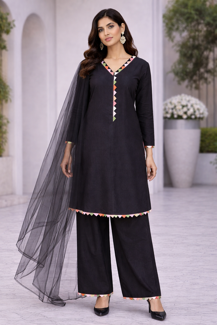 Black Katan Silk Kurti Set with Net Dupatta