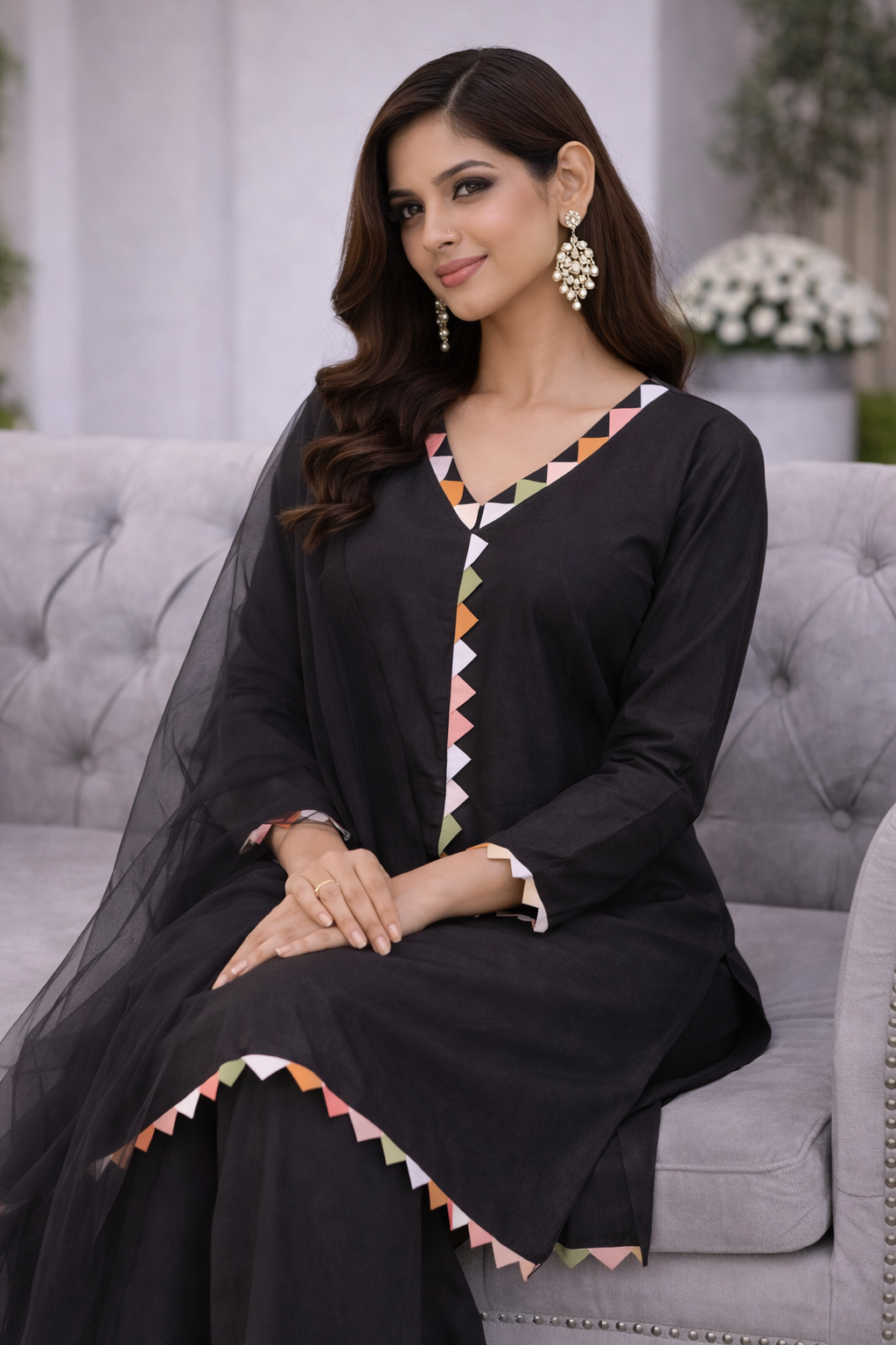 Black Katan Silk Kurti Set with Net Dupatta