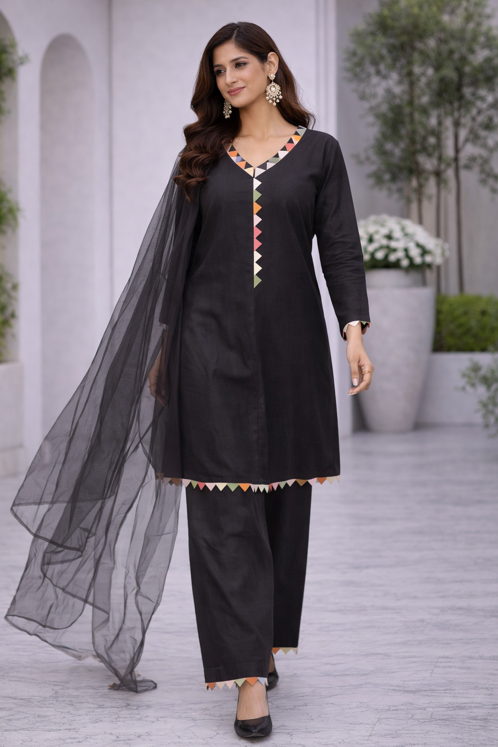 Black Katan Silk Kurti Set with Net Dupatta