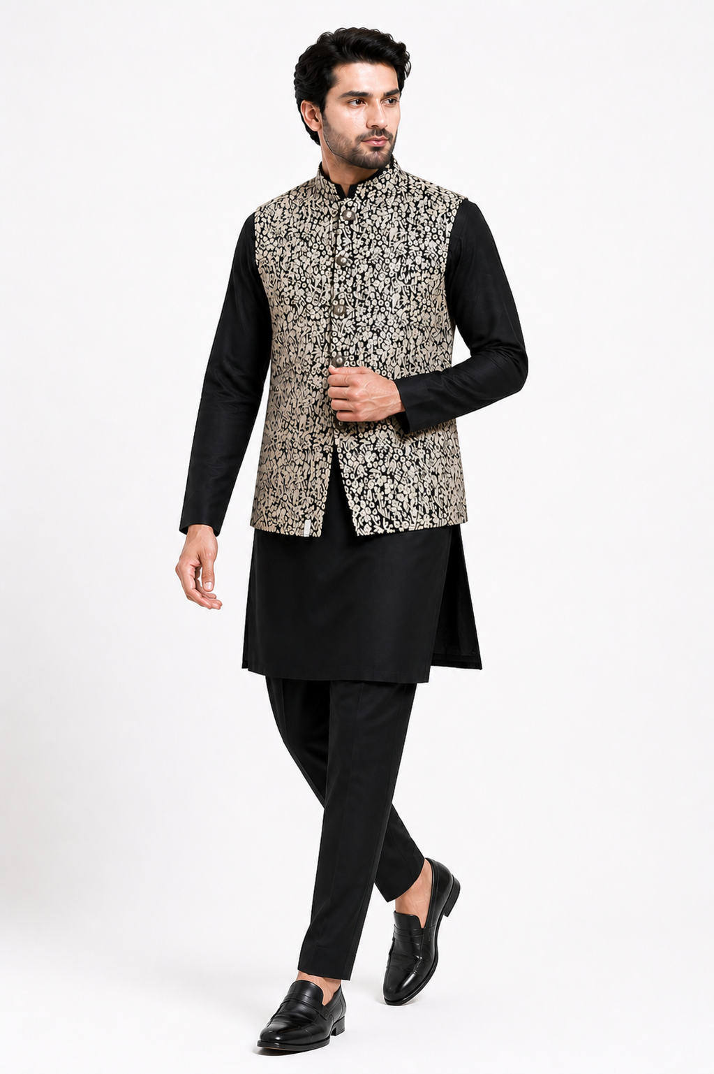 Black Katan Silk Kurta Set with Sleeveless Jacket