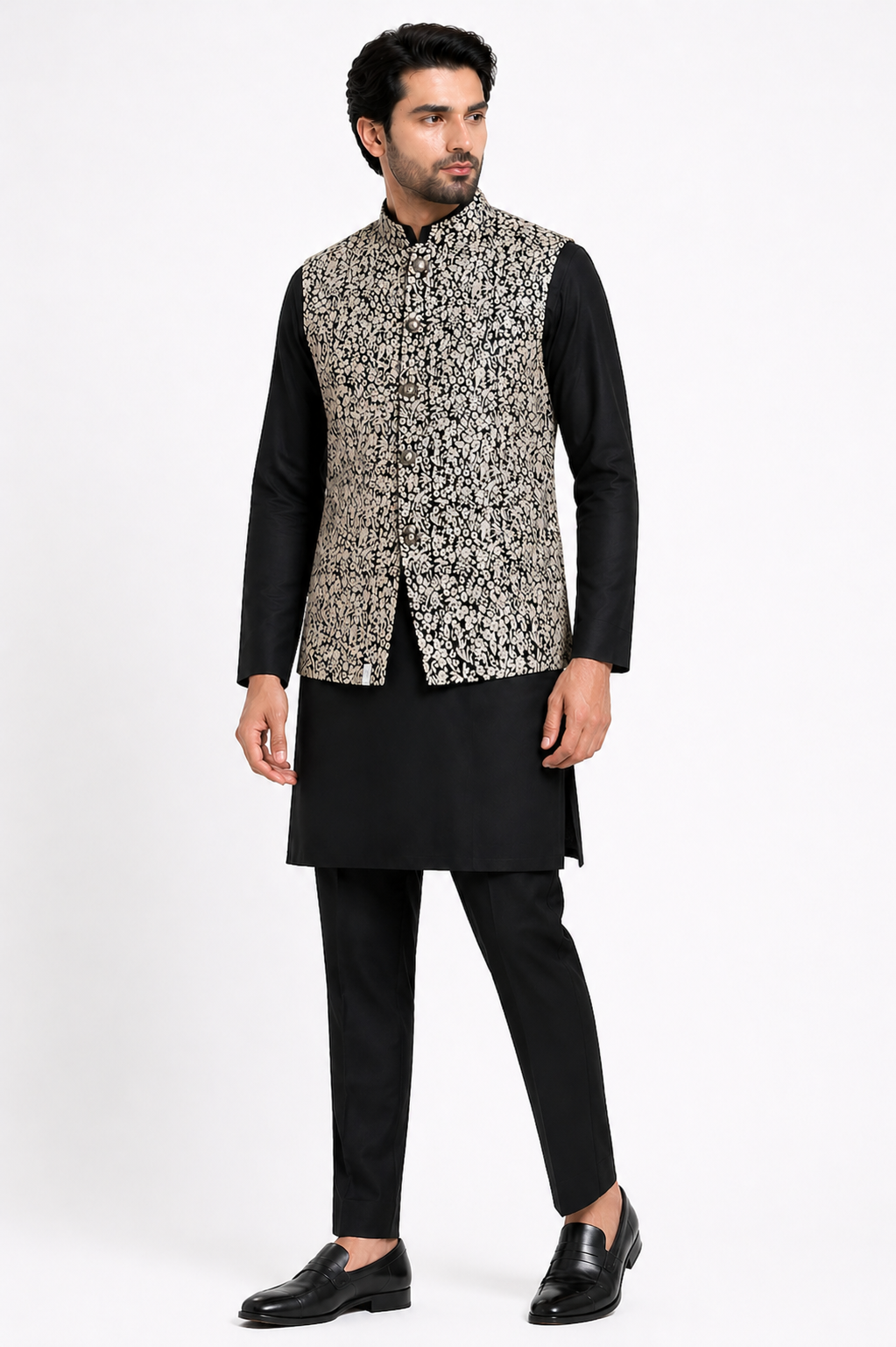 Black Katan Silk Kurta Set with Sleeveless Jacket