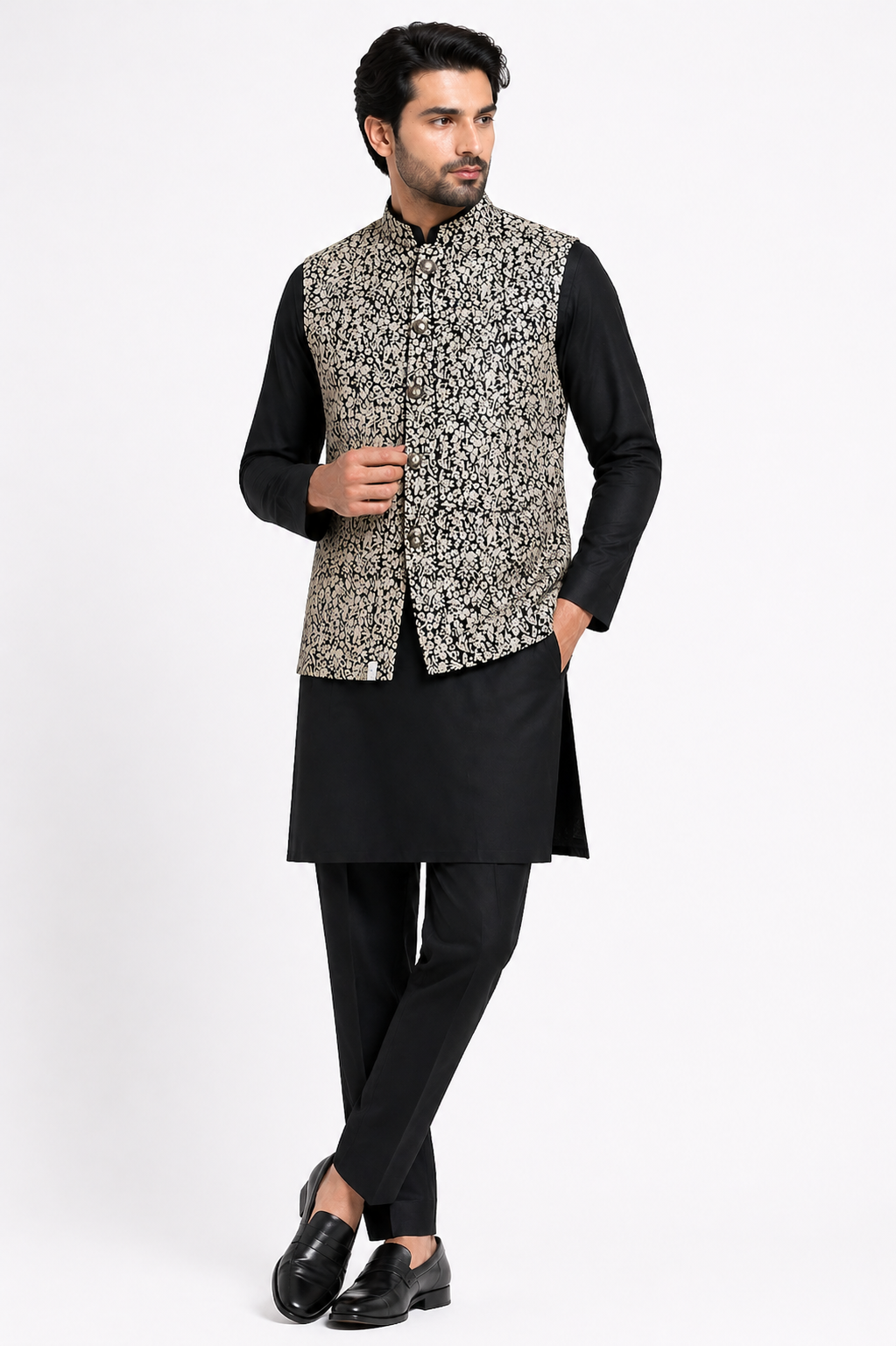Black Katan Silk Kurta Set with Sleeveless Jacket