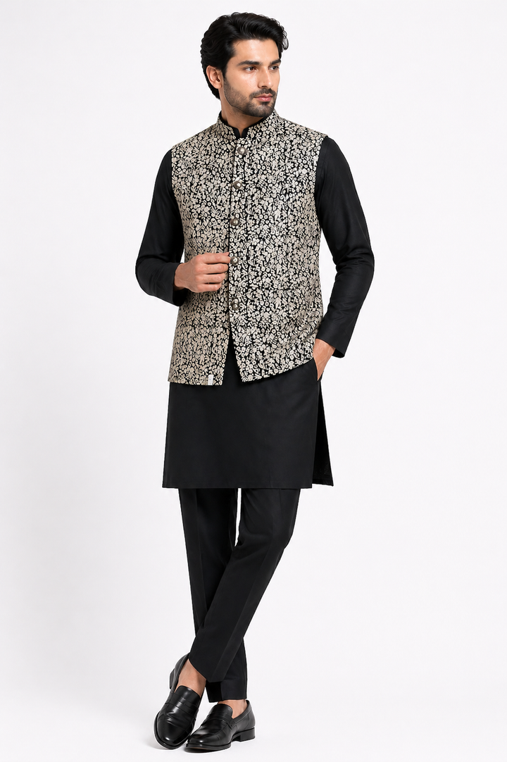 Black Katan Silk Kurta Set with Sleeveless Jacket
