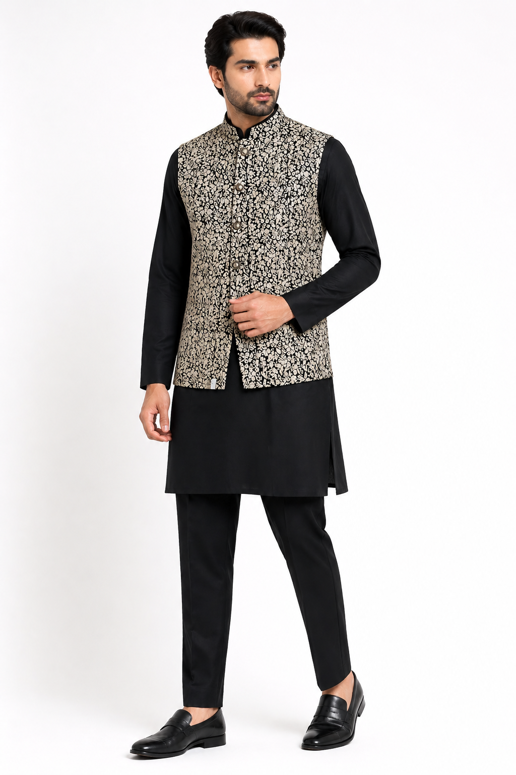 Black Katan Silk Kurta Set with Sleeveless Jacket