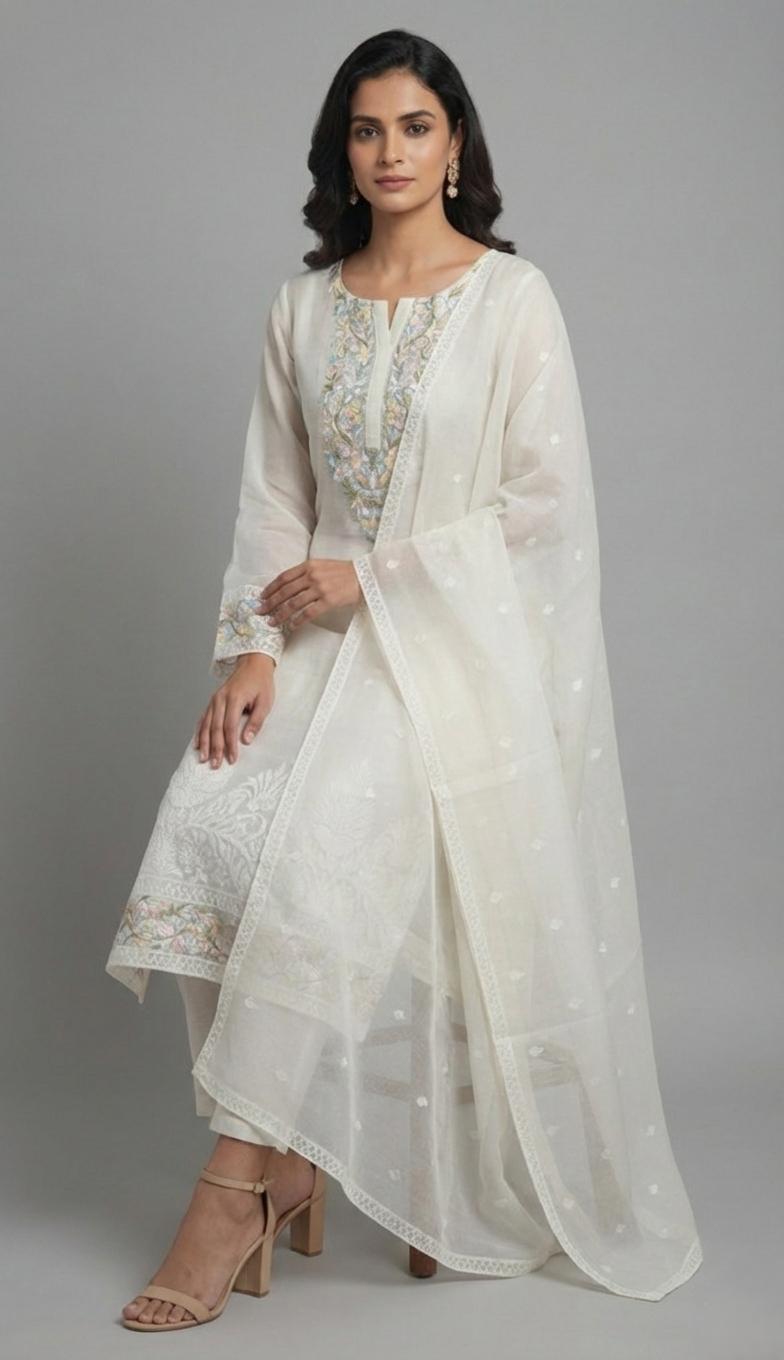 White Chanderi Semi-Stitched Kurta Set with Embroidery