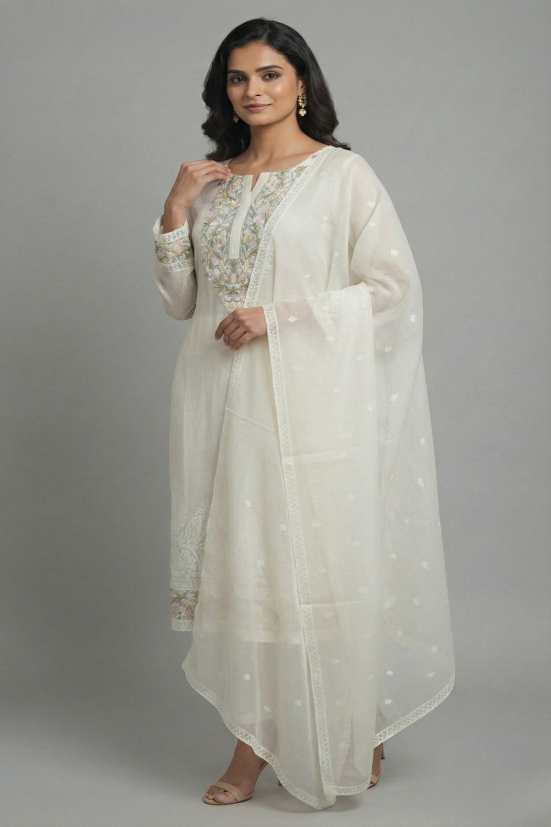 White Chanderi Semi-Stitched Kurta Set with Embroidery