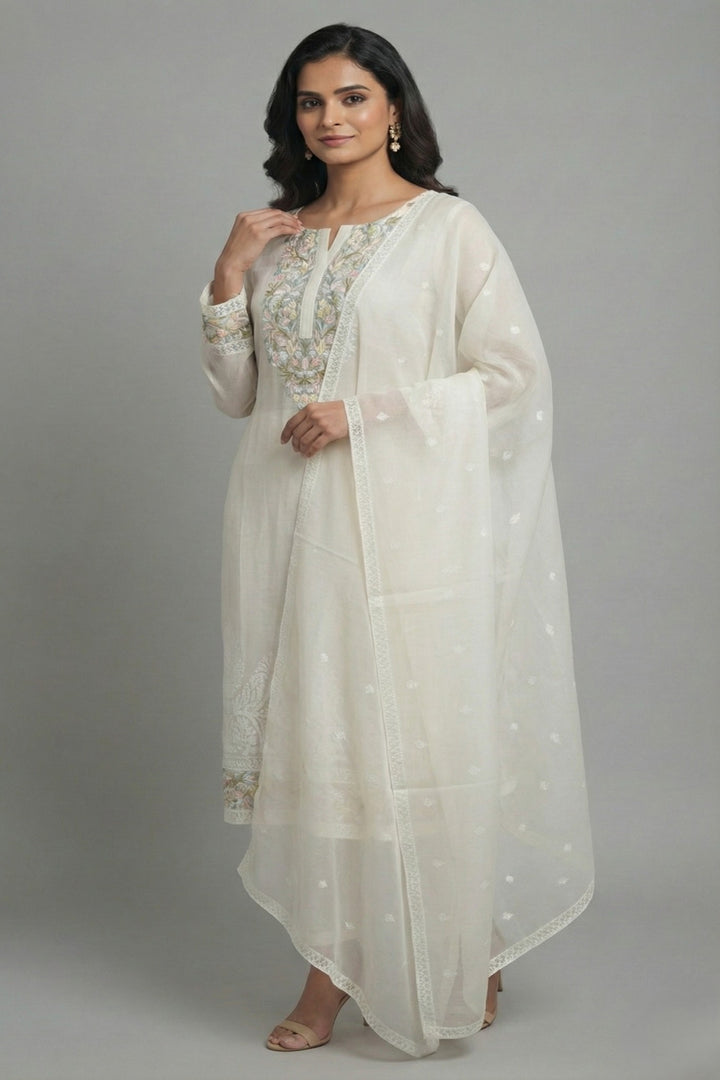 White Chanderi Semi-Stitched Kurta Set with Embroidery