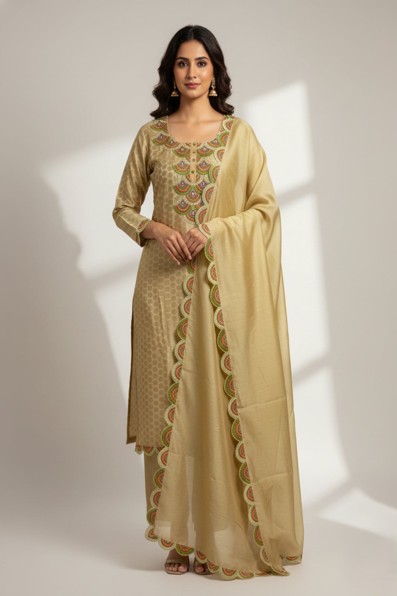 Khaki Chanderi Semi-Stitched Kurta Set with Computer Work