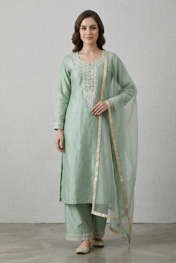 Aquamarine Green Katan Silk Kurti Set with Dori Work and Net Dupatta