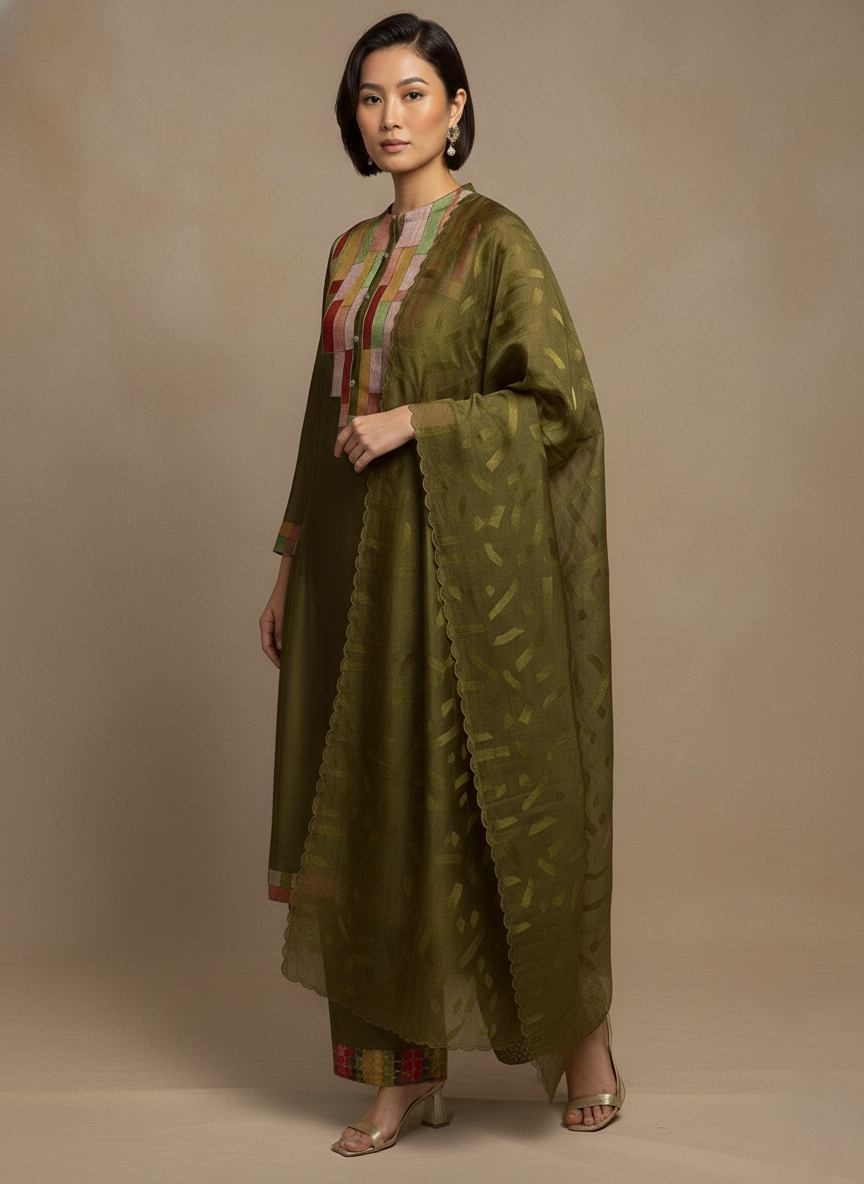 Buy Mendi Green Chanderi Semi-Stitched Suit