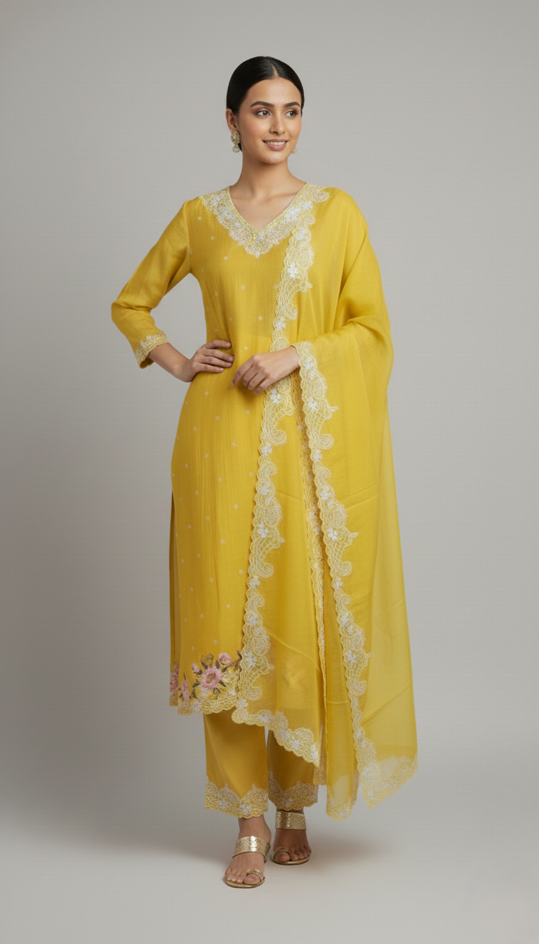 Lime Yellow Chanderi Semi-Stitched Kurta Set with Embroidery