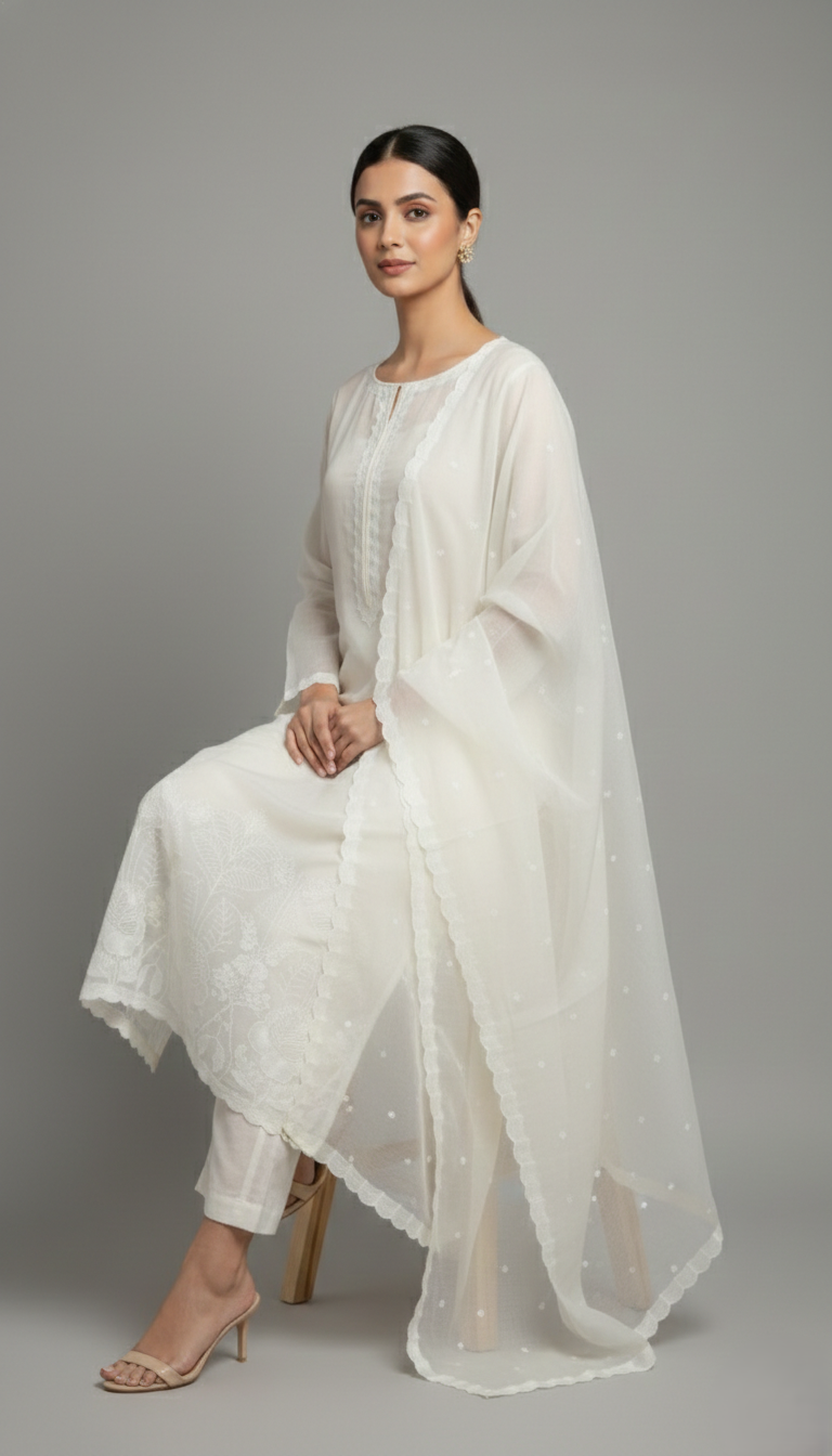 White Chanderi Semi-Stitched Kurta Set with Embroidery