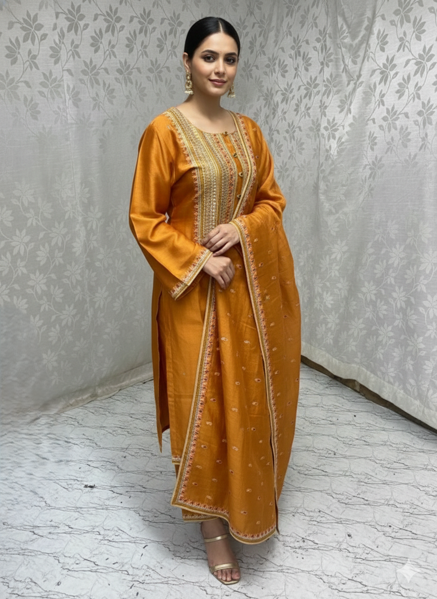 Orange Chanderi Semi-Stitched Kurta Set with hand Work