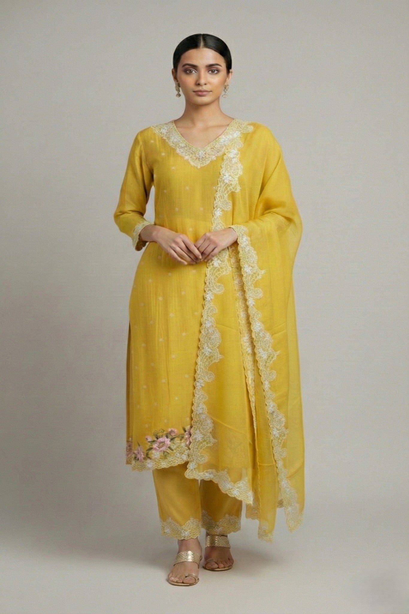 Lime Yellow Chanderi Semi-Stitched Kurta Set with Embroidery