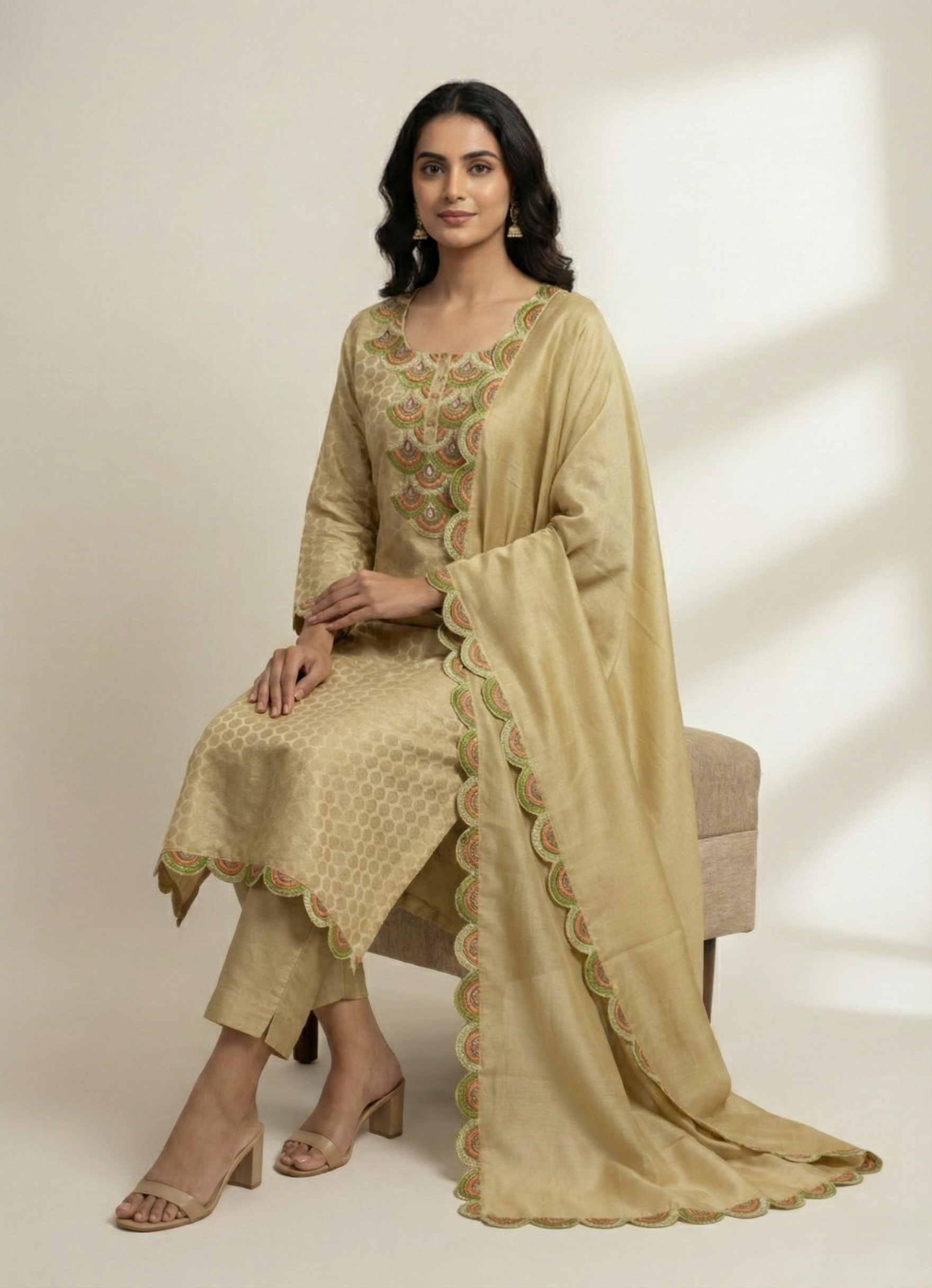 Khaki Chanderi Semi-Stitched Kurta Set with Computer Work