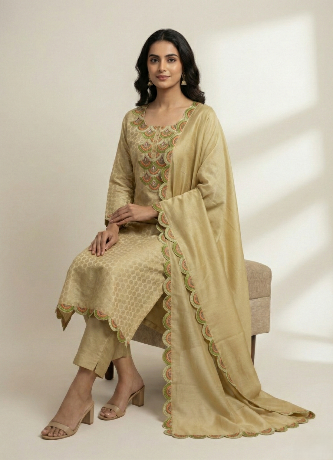 Khaki Chanderi Semi-Stitched Kurta Set with Computer Work