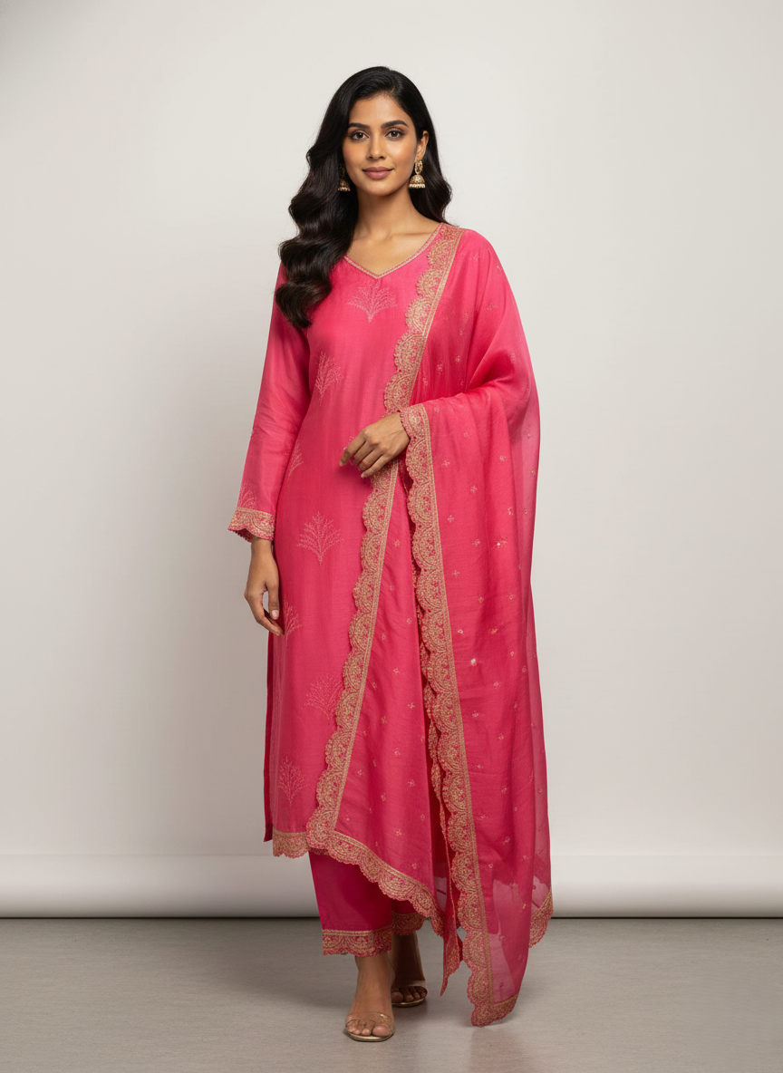 Peach Red Chanderi Semi-Stitched Kurta Set with Embroidery