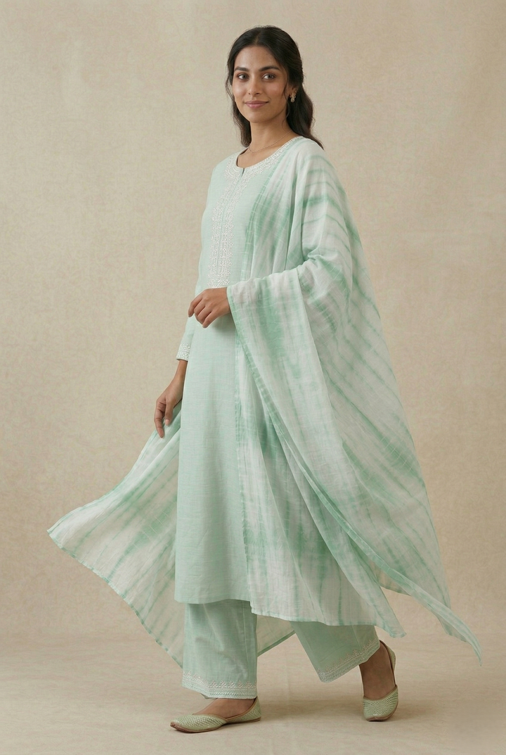 Pista Katan Silk Kurti Set with Dori, Hand & Tikki Work and Tie-Dye Net Dupatta