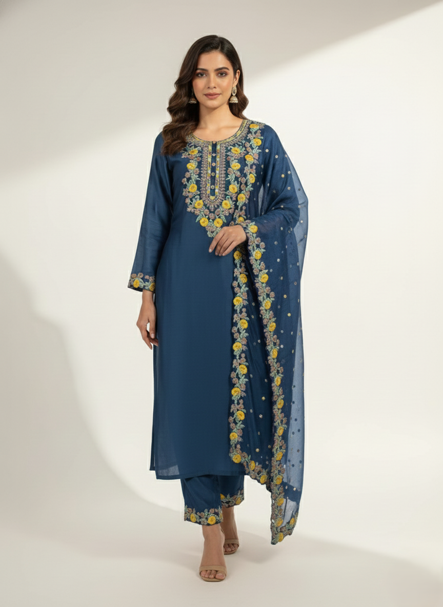 Teal Blue Chanderi Semi-Stitched Kurta Set with Computer Work