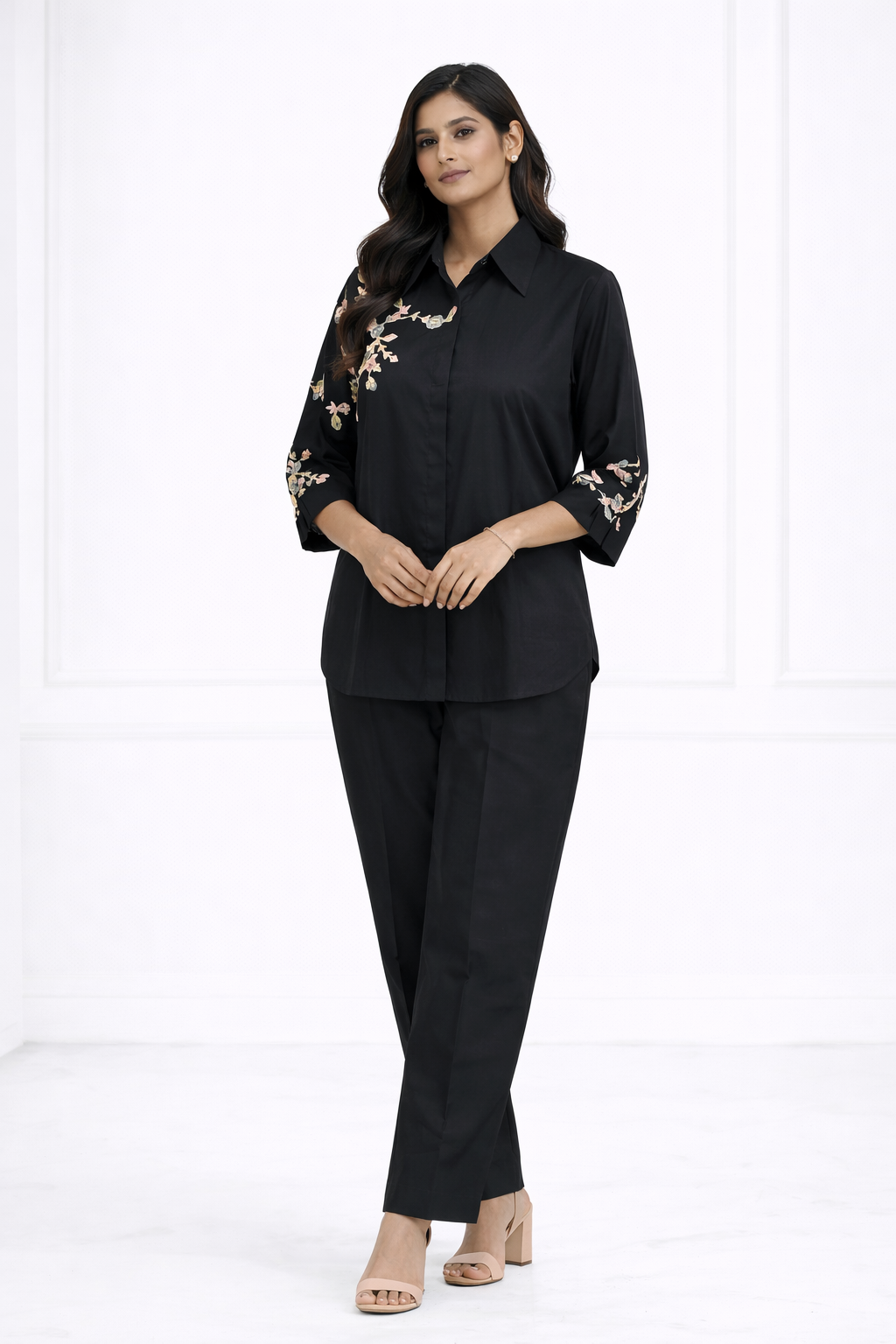 Black Cotton Satin Co-ord Set with Shirt Collar & Pant
