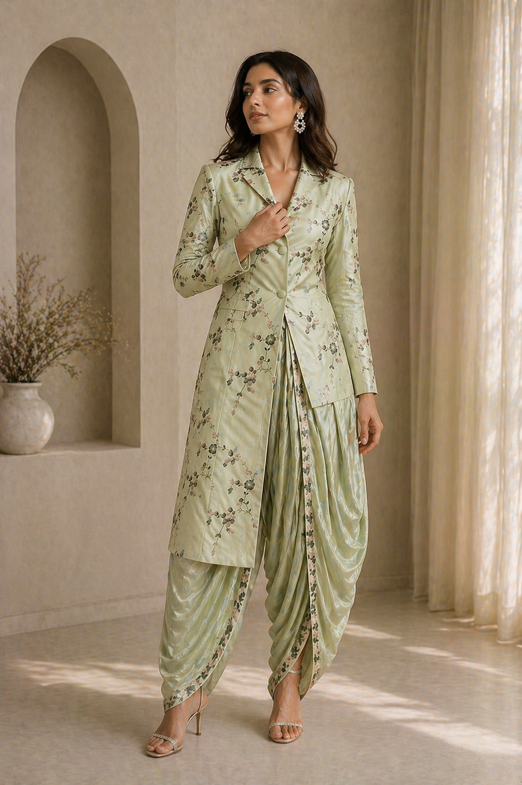 Off White Katan Silk Co-ord Set with Jacket & Modal Satin Dhoti