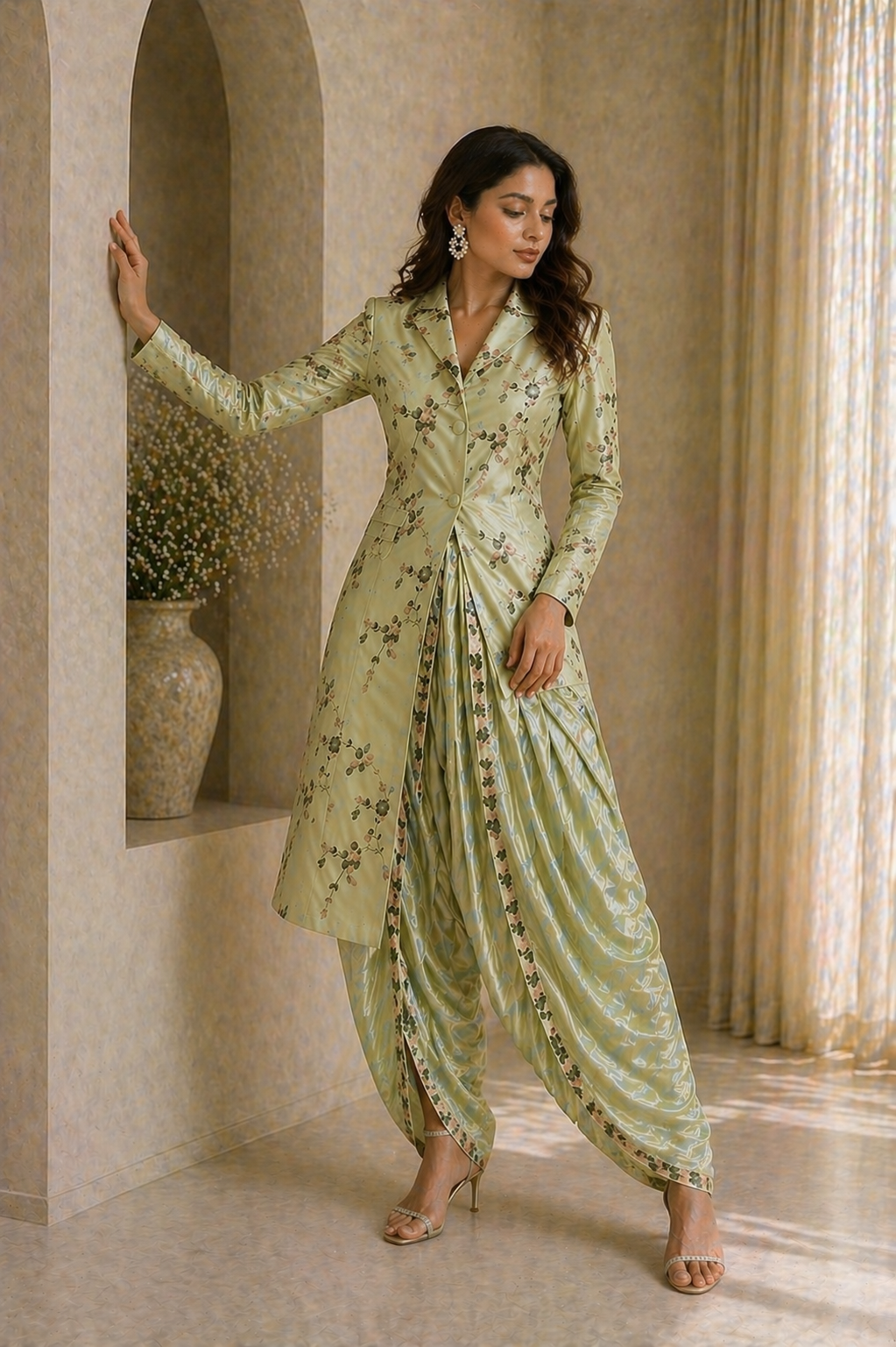 Off White Katan Silk Co-ord Set with Jacket & Modal Satin Dhoti