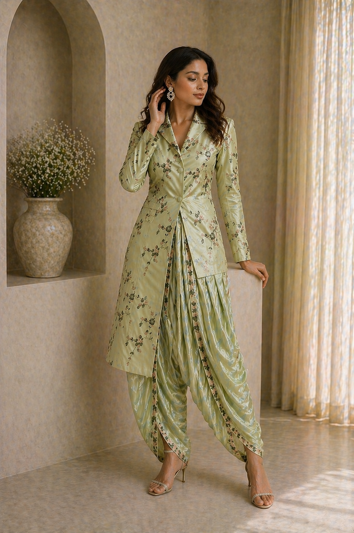 Off White Katan Silk Co-ord Set with Jacket & Modal Satin Dhoti