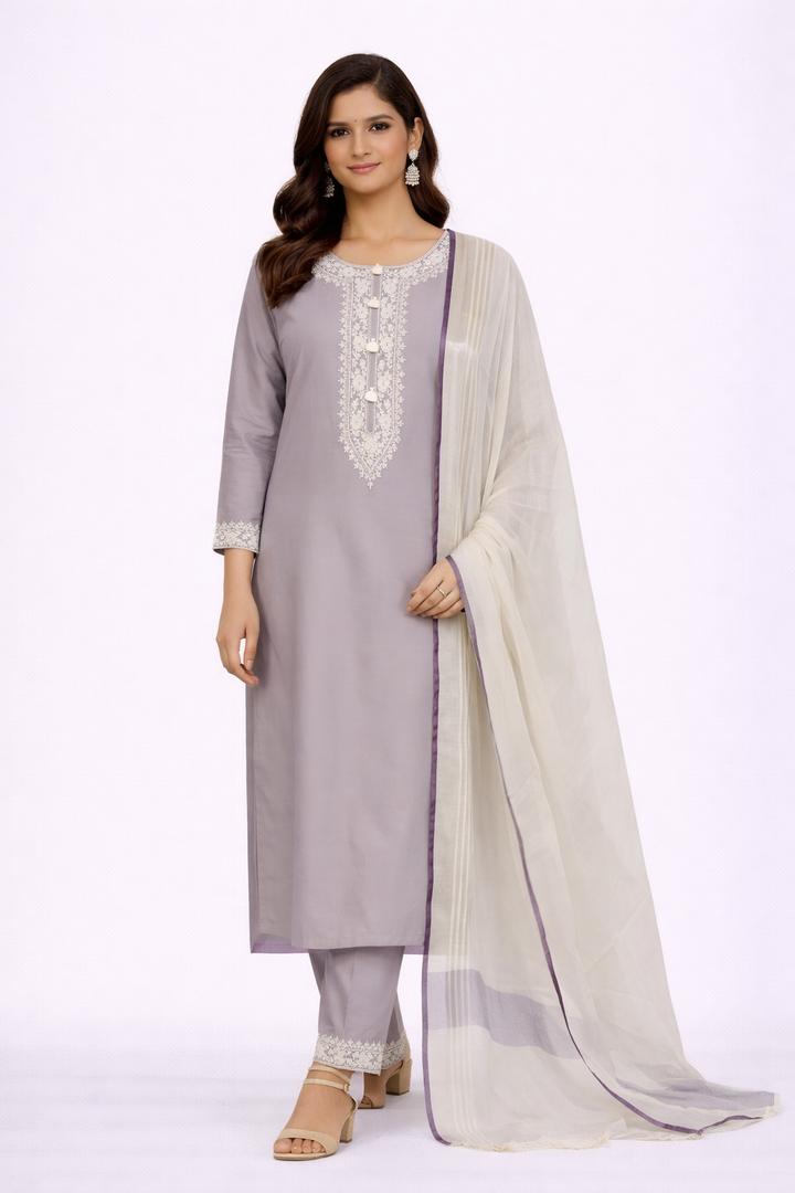 Lavender Katan Silk Kurti Set with Dori & Hand Work