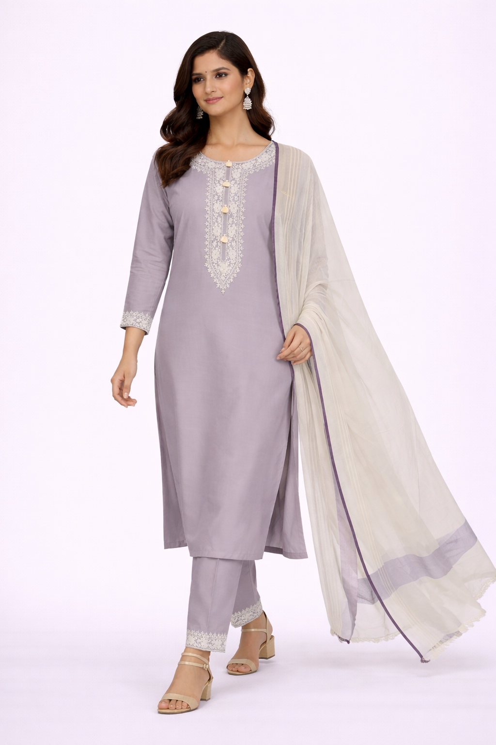 Lavender Katan Silk Kurti Set with Dori & Hand Work