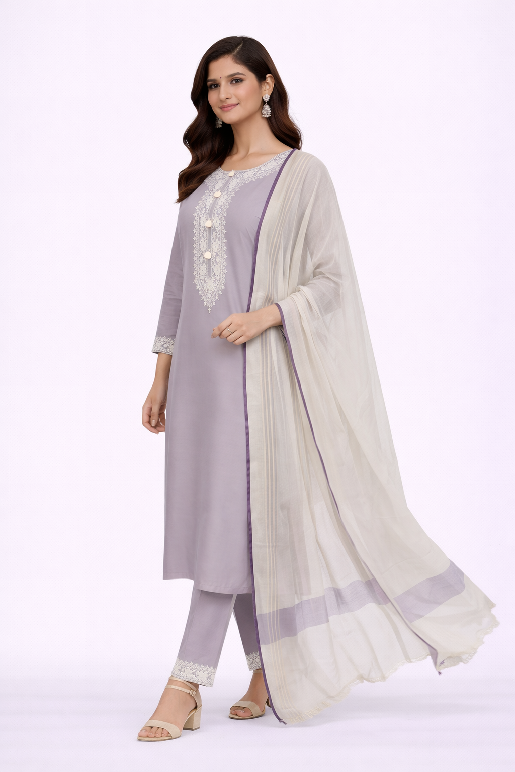 Lavender Katan Silk Kurti Set with Dori & Hand Work