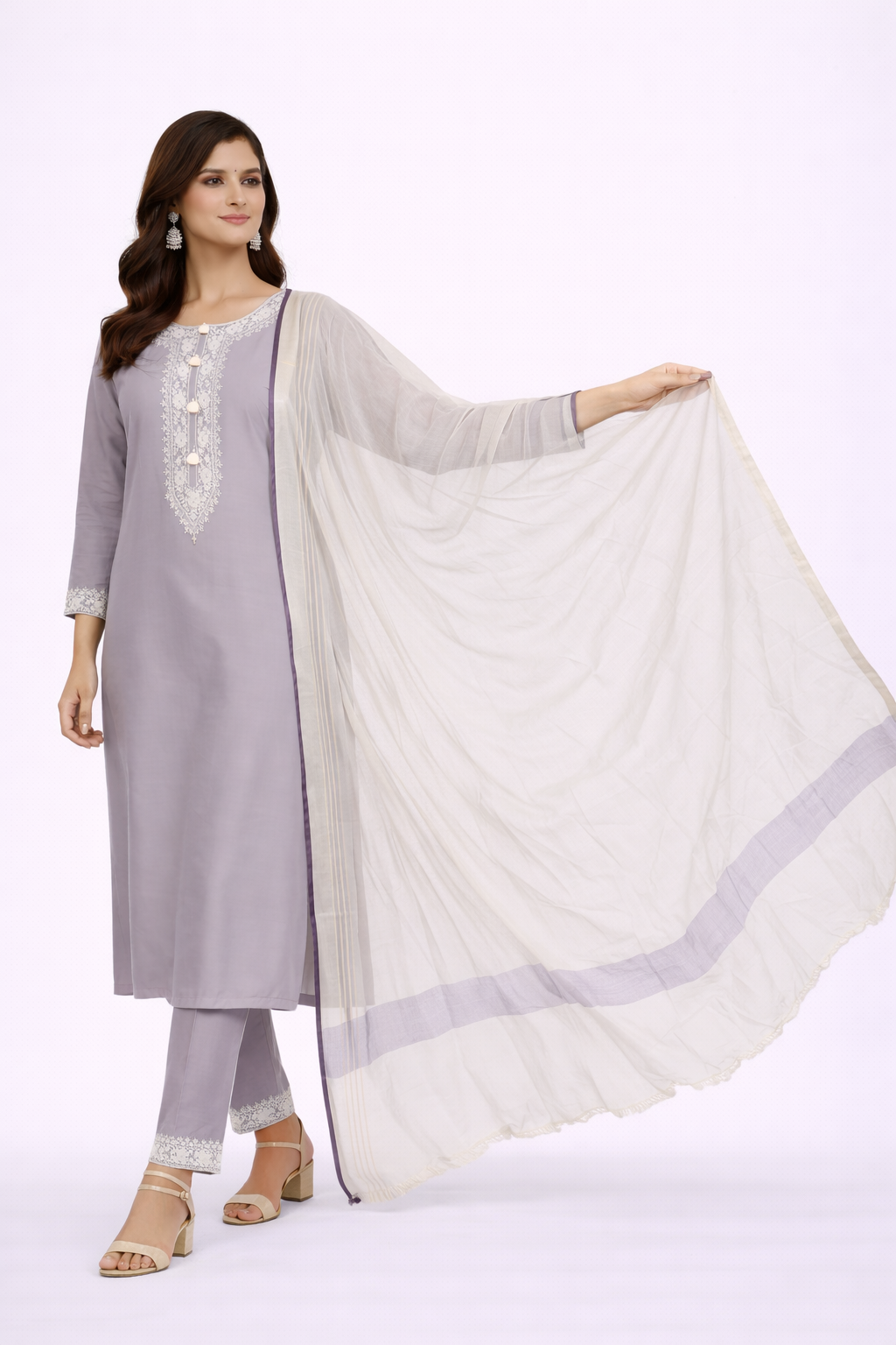 Lavender Katan Silk Kurti Set with Dori & Hand Work