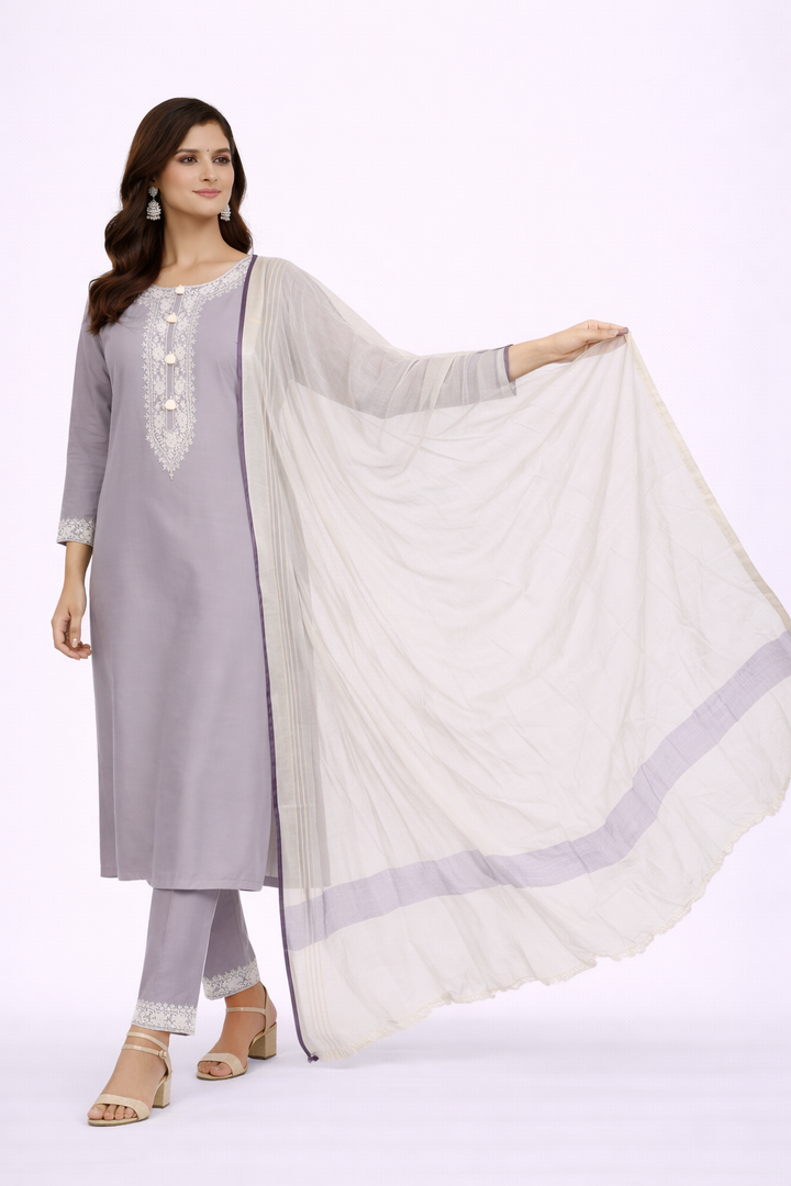 Lavender Katan Silk Kurti Set with Dori & Hand Work