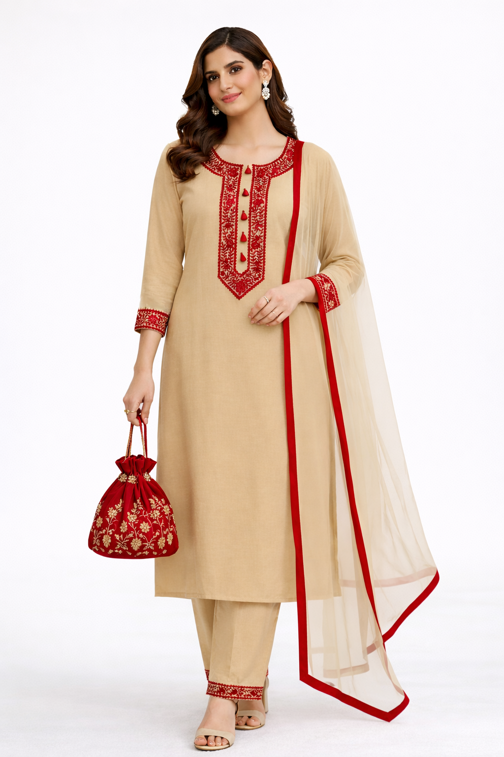 Dark Beige Katan Silk Kurti Set with Dori Work and Net Dupatta