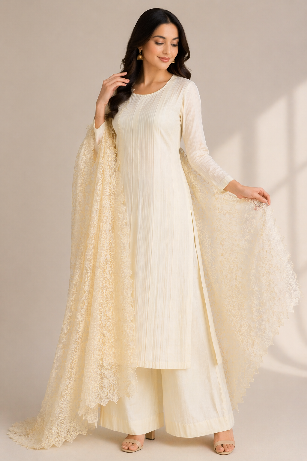 Beige Katan Silk Kurti Set with Palazzo & Organza Dupatta