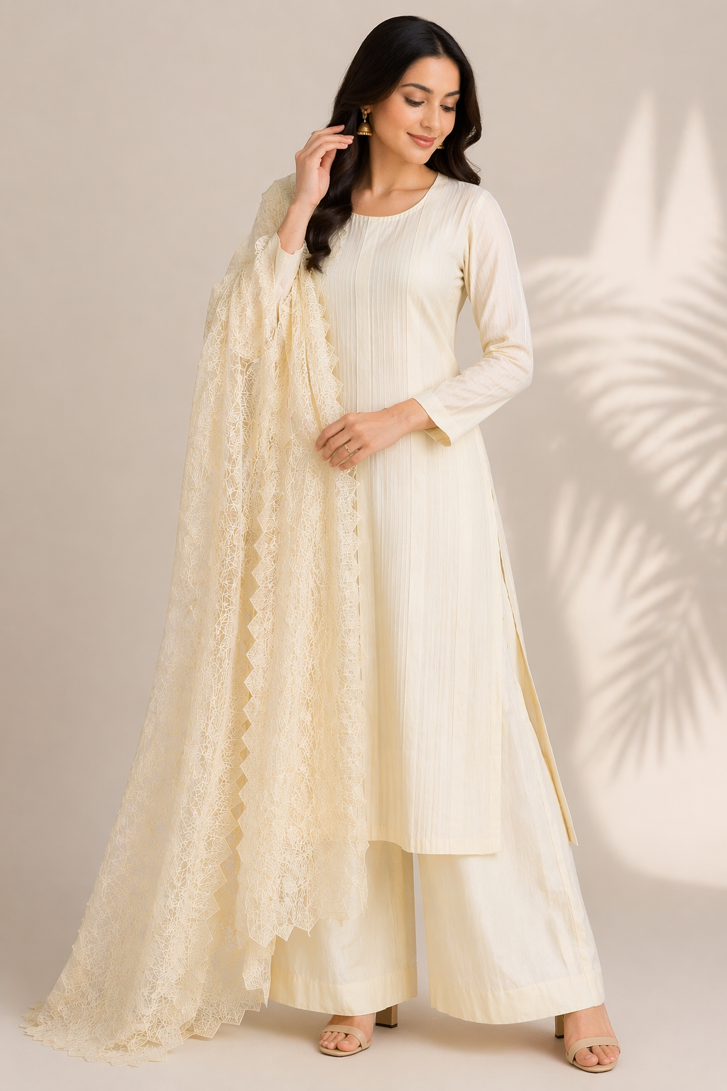 Beige Katan Silk Kurti Set with Palazzo & Organza Dupatta