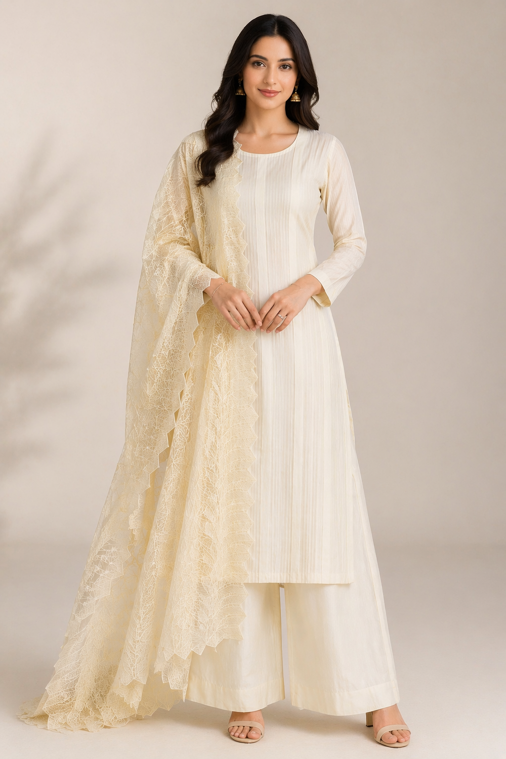 Beige Katan Silk Kurti Set with Palazzo & Organza Dupatta