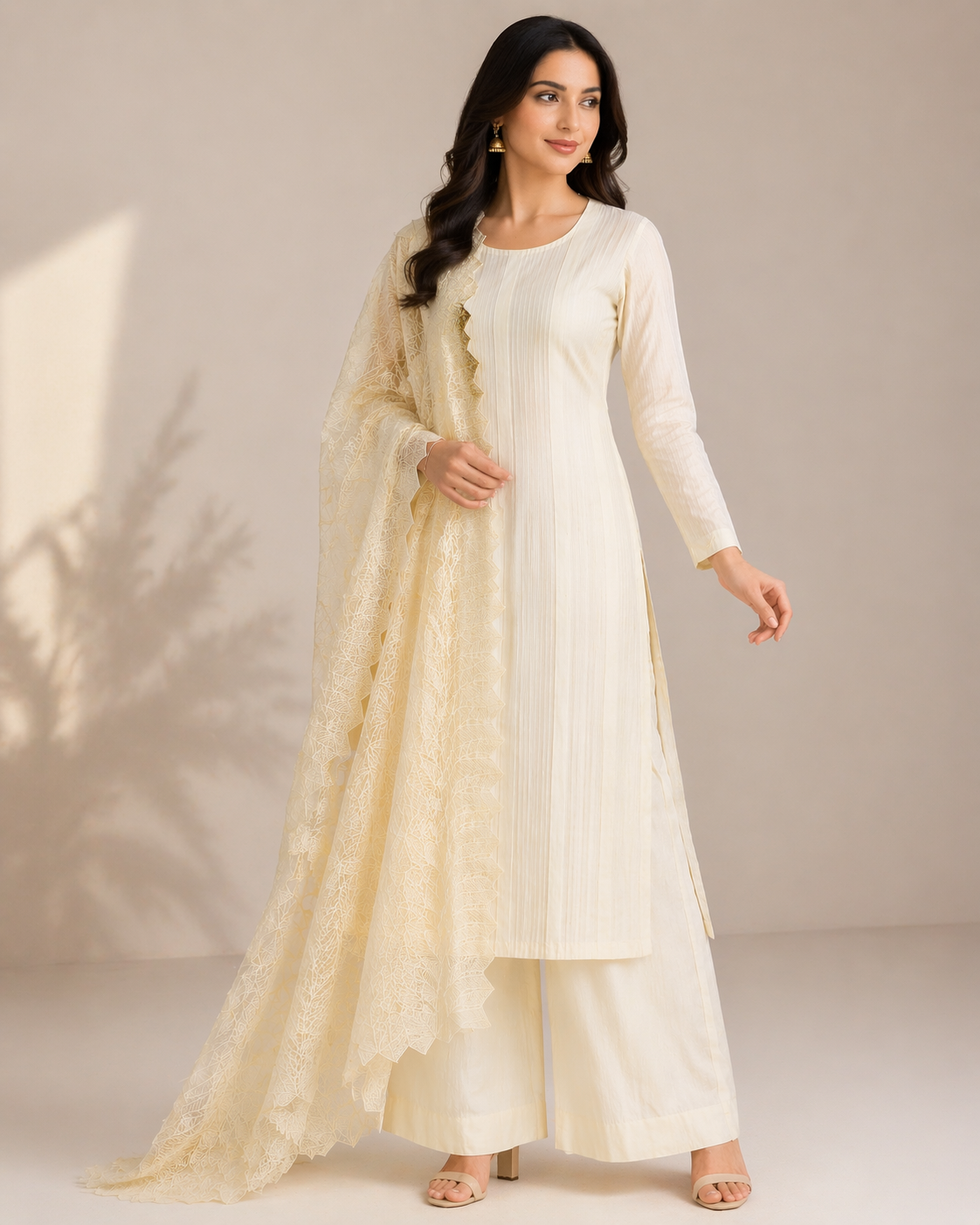 Beige Katan Silk Kurti Set with Palazzo & Organza Dupatta