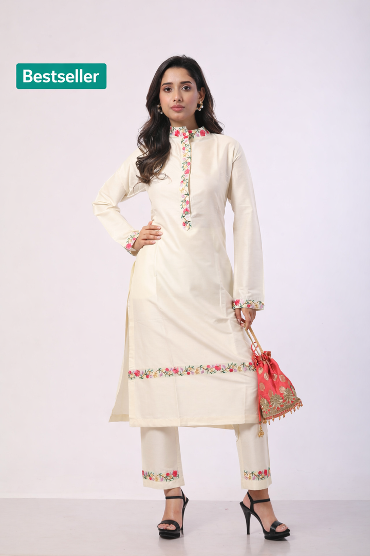 Off-White Katan Silk Embroidered Kurti Set with Pure Organza Dupatta