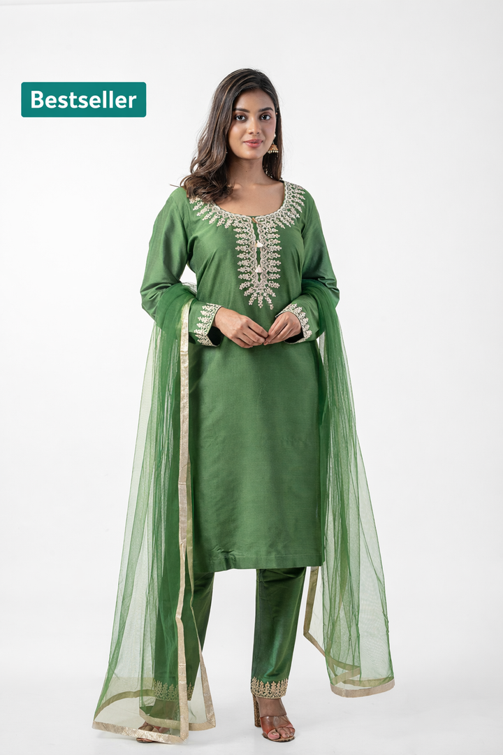 Olive Green Pure katan Silk Festive  Kurta Set with Resham Ari Embroidery