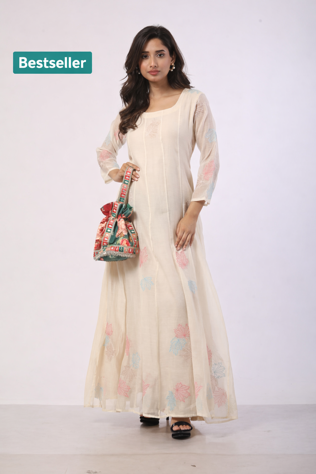 Off-White Chanderi Anarkali with Patch Work