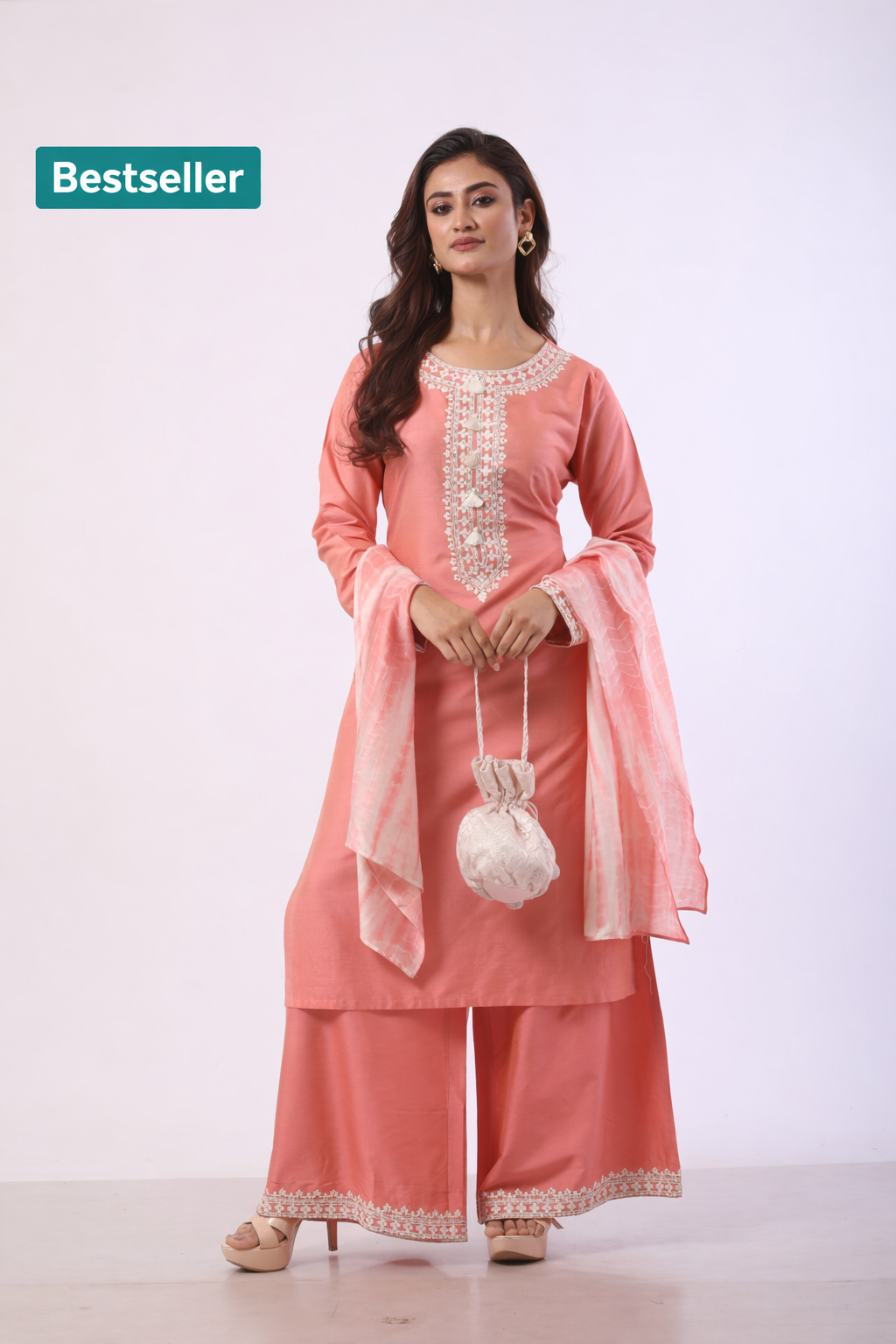 Blush Pink Polyester & Pure Chanderi Kurti Set