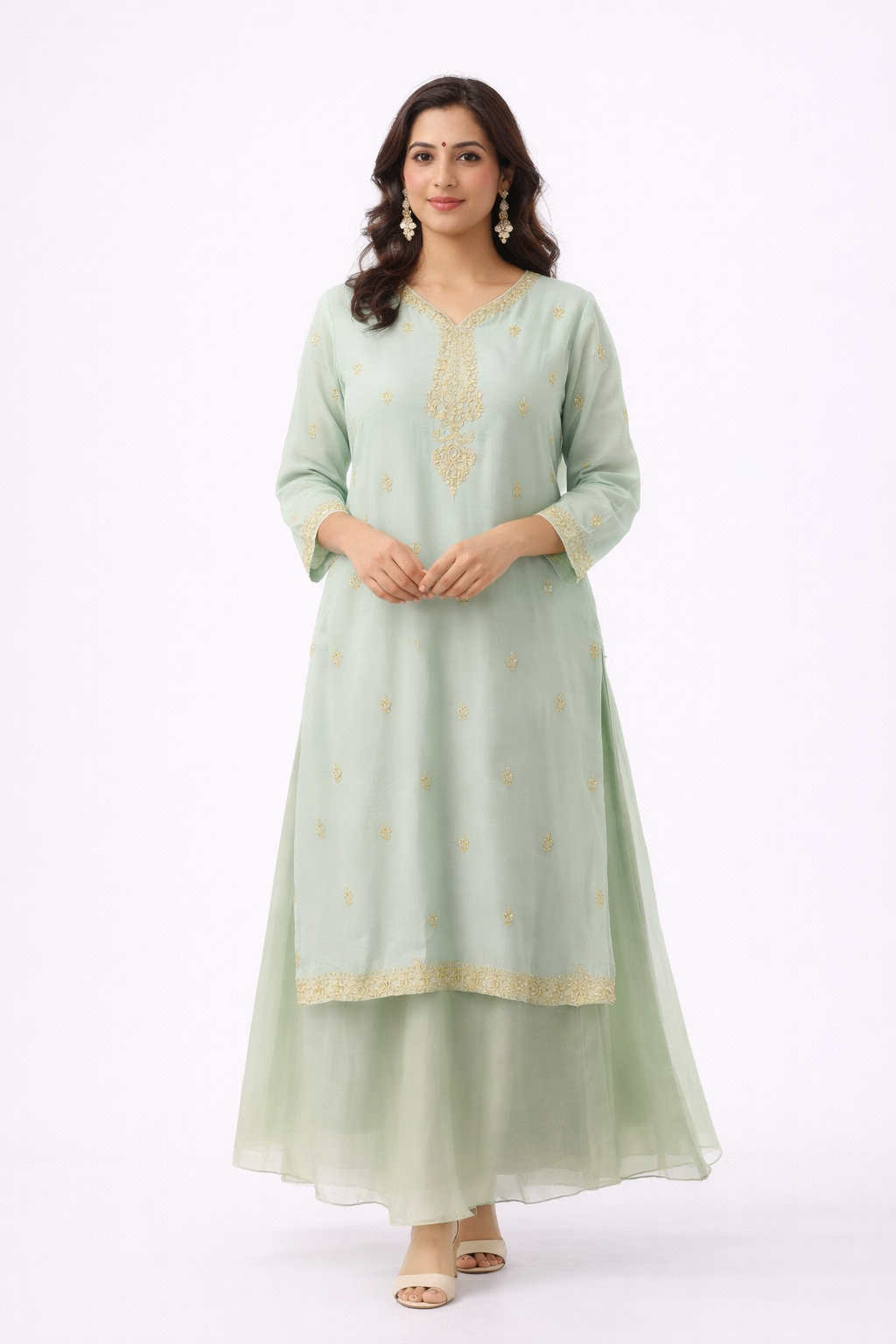 Buy Light Green Kurta Gharara Set with Organza Dupatta