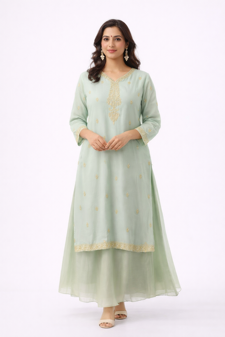 Buy Light Green Kurta Gharara Set with Organza Dupatta