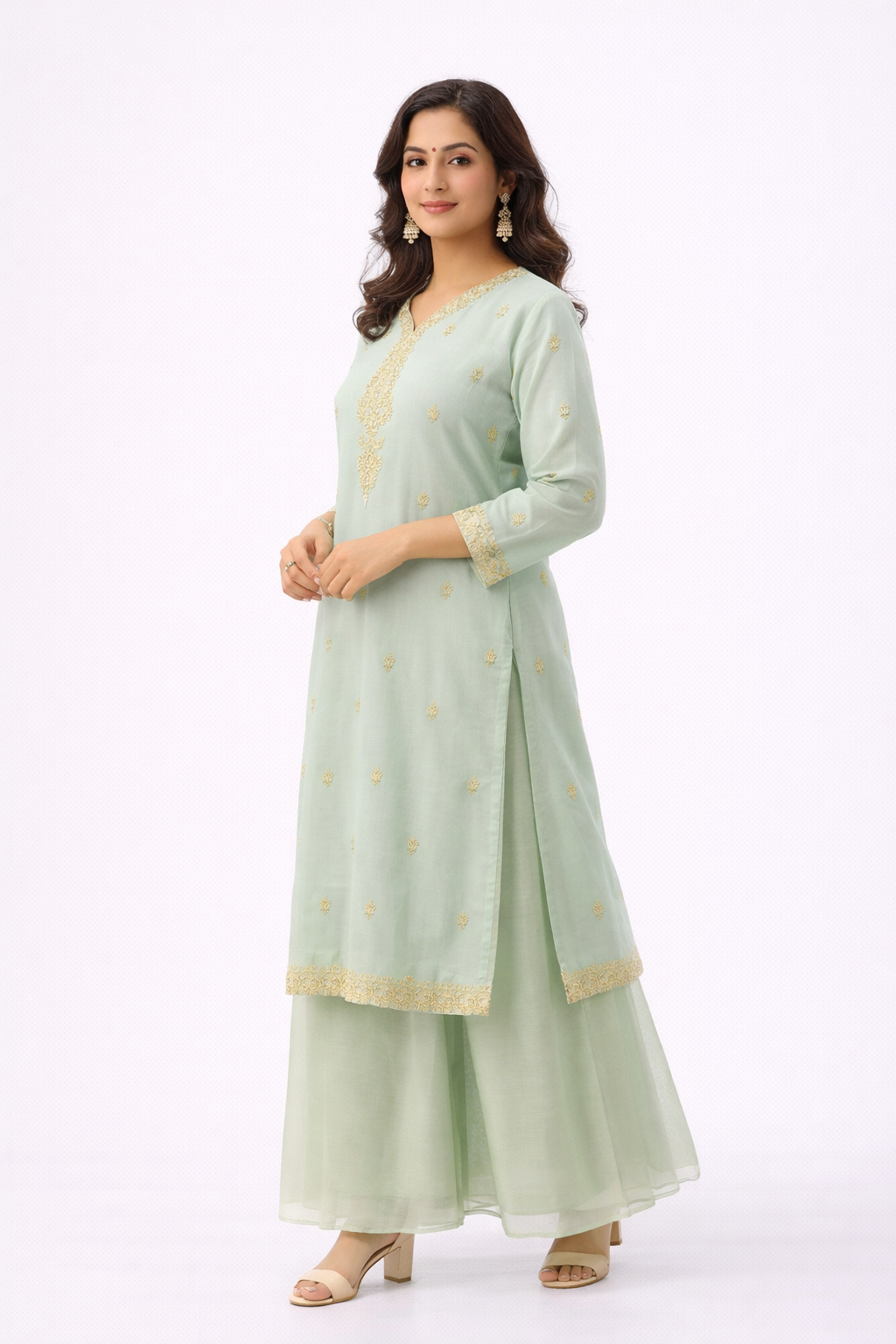 Buy Light Green Kurta Gharara Set with Organza Dupatta