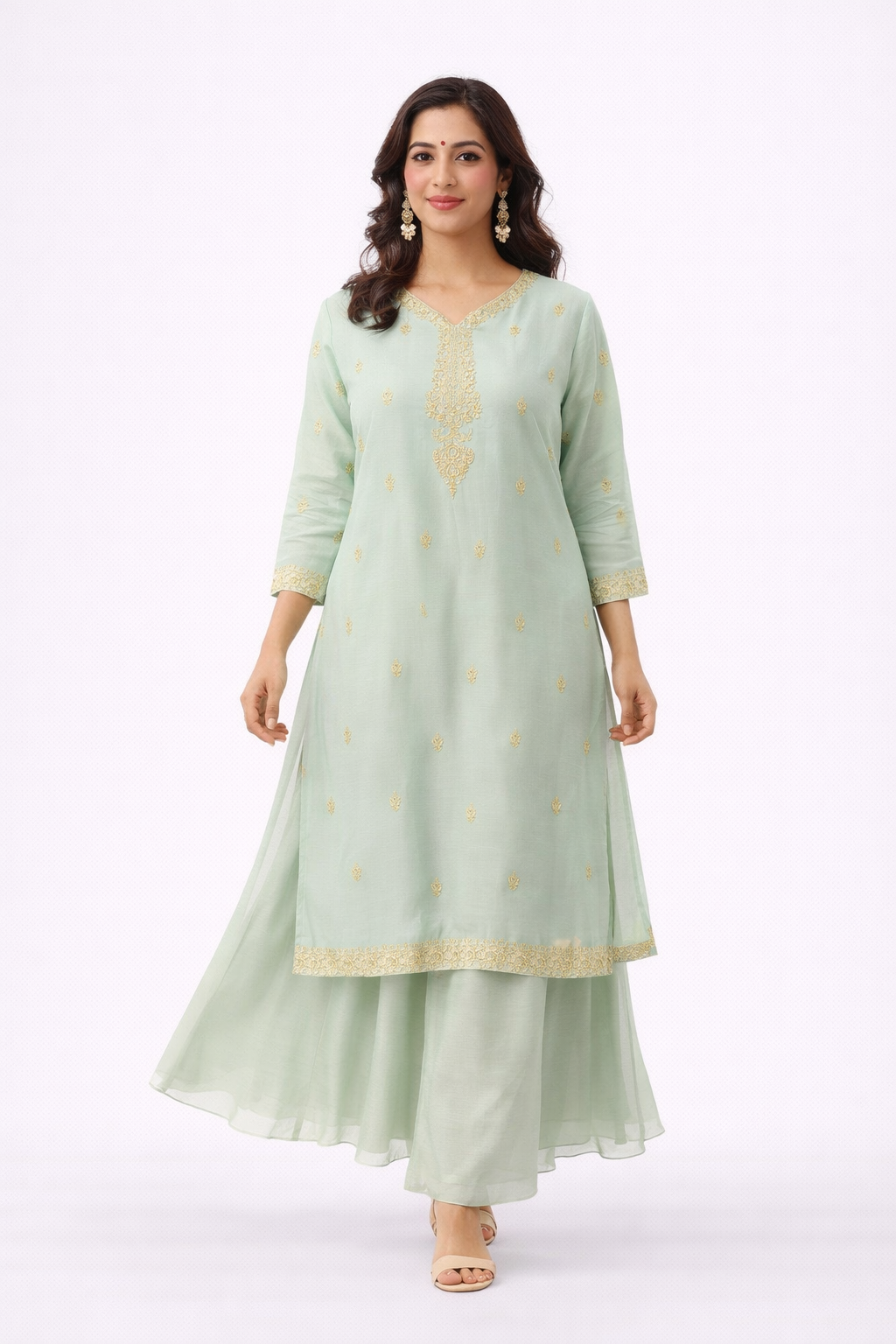 Buy Light Green Kurta Gharara Set with Organza Dupatta
