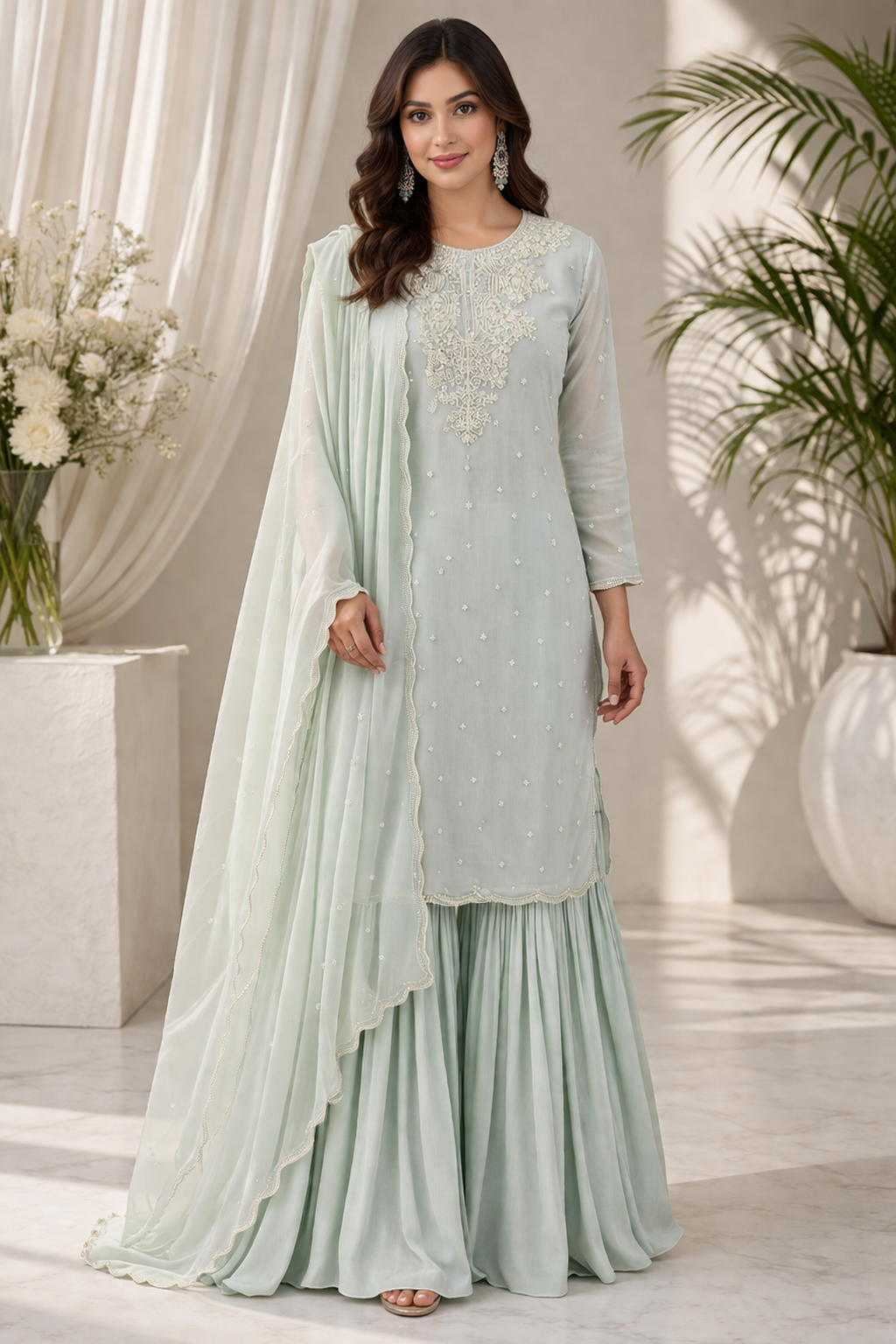 Sky Blue Chinnon Kurti Set with Sharara