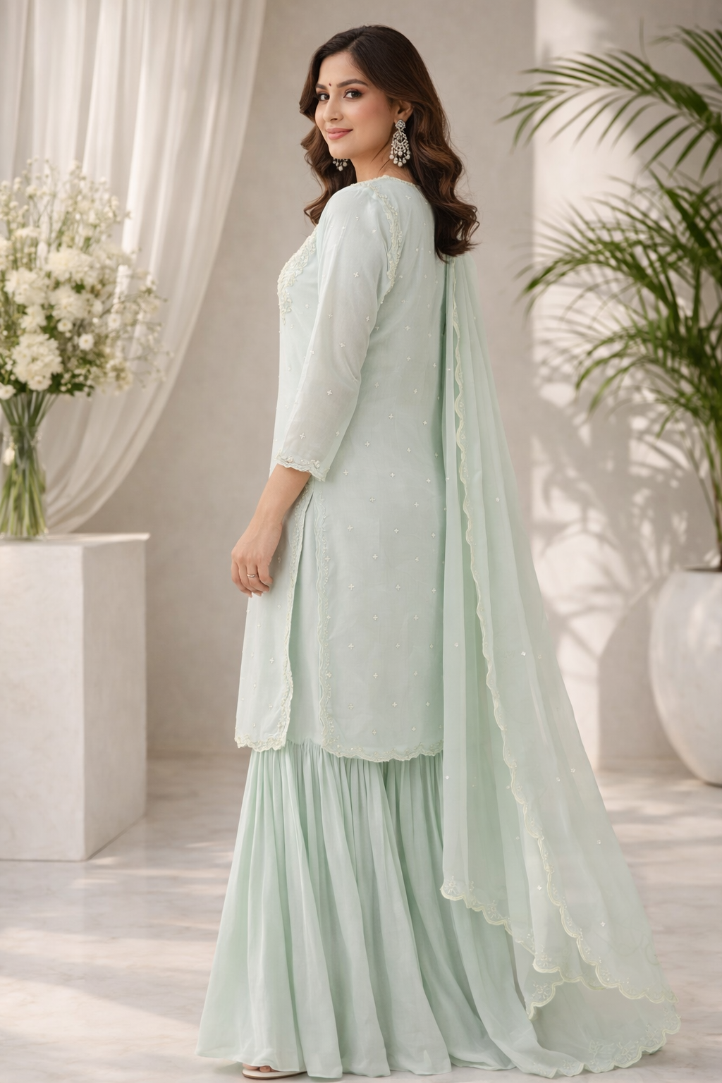 Sky Blue Chinnon Kurti Set with Sharara