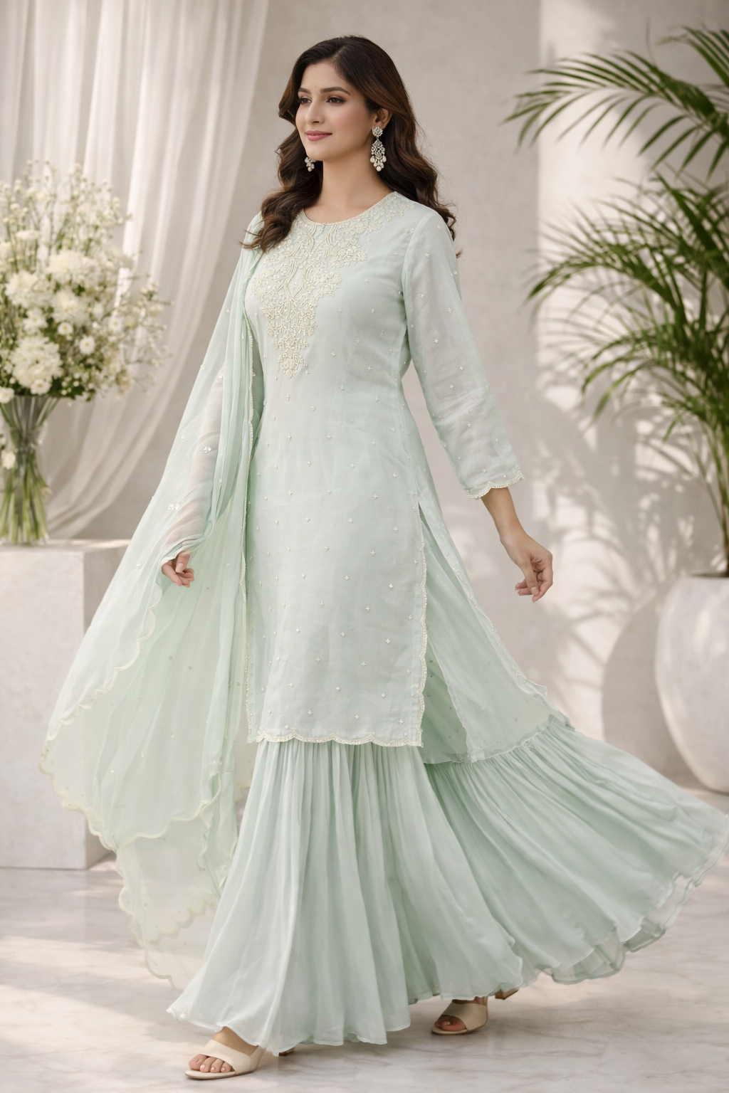 Sky Blue Chinnon Kurti Set with Sharara