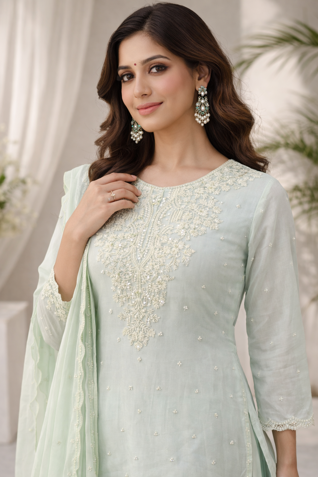 Sky Blue Chinnon Kurti Set with Sharara